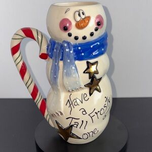 Whimsical Snowman Ceramic Mug with Candy Cane Handle - Blue Scarf